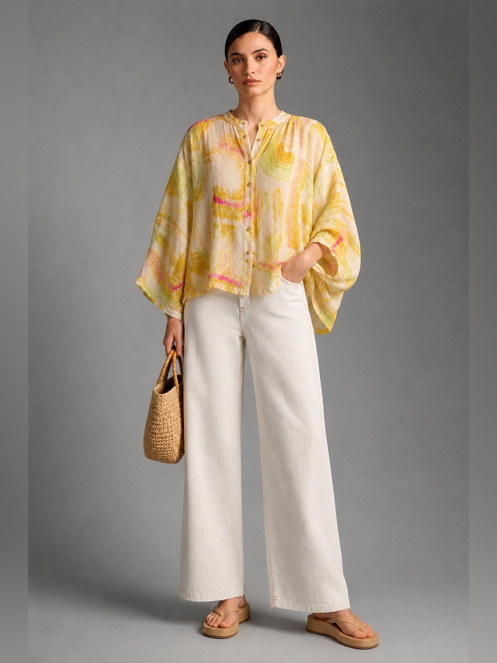Anthropologie Pilcro‎ Oversized Bat Wing Gauzy Cotton Blouse colorful bright